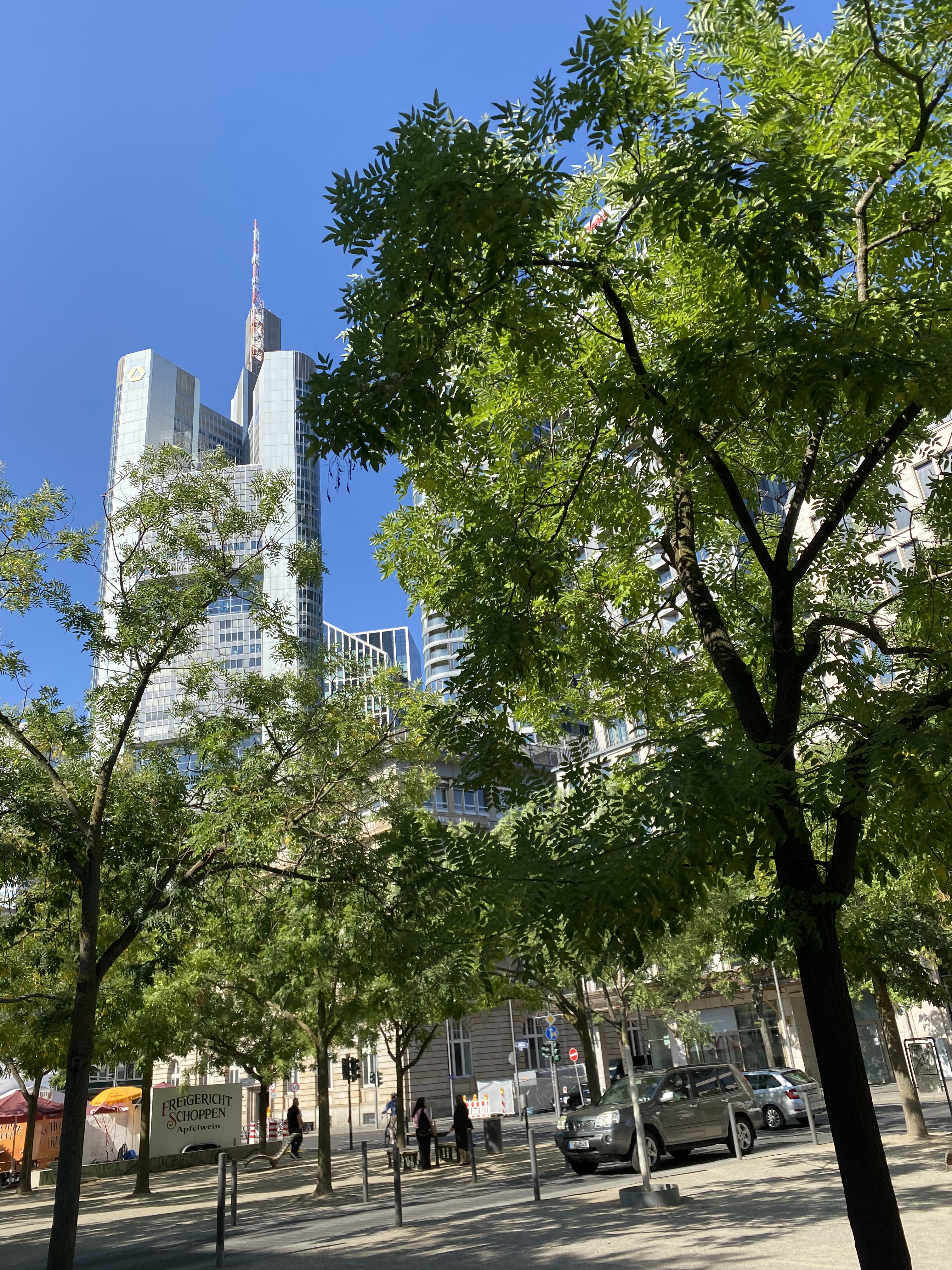 A view of tall, modern buildings against a clear blue sky, framed by green trees in a city street.