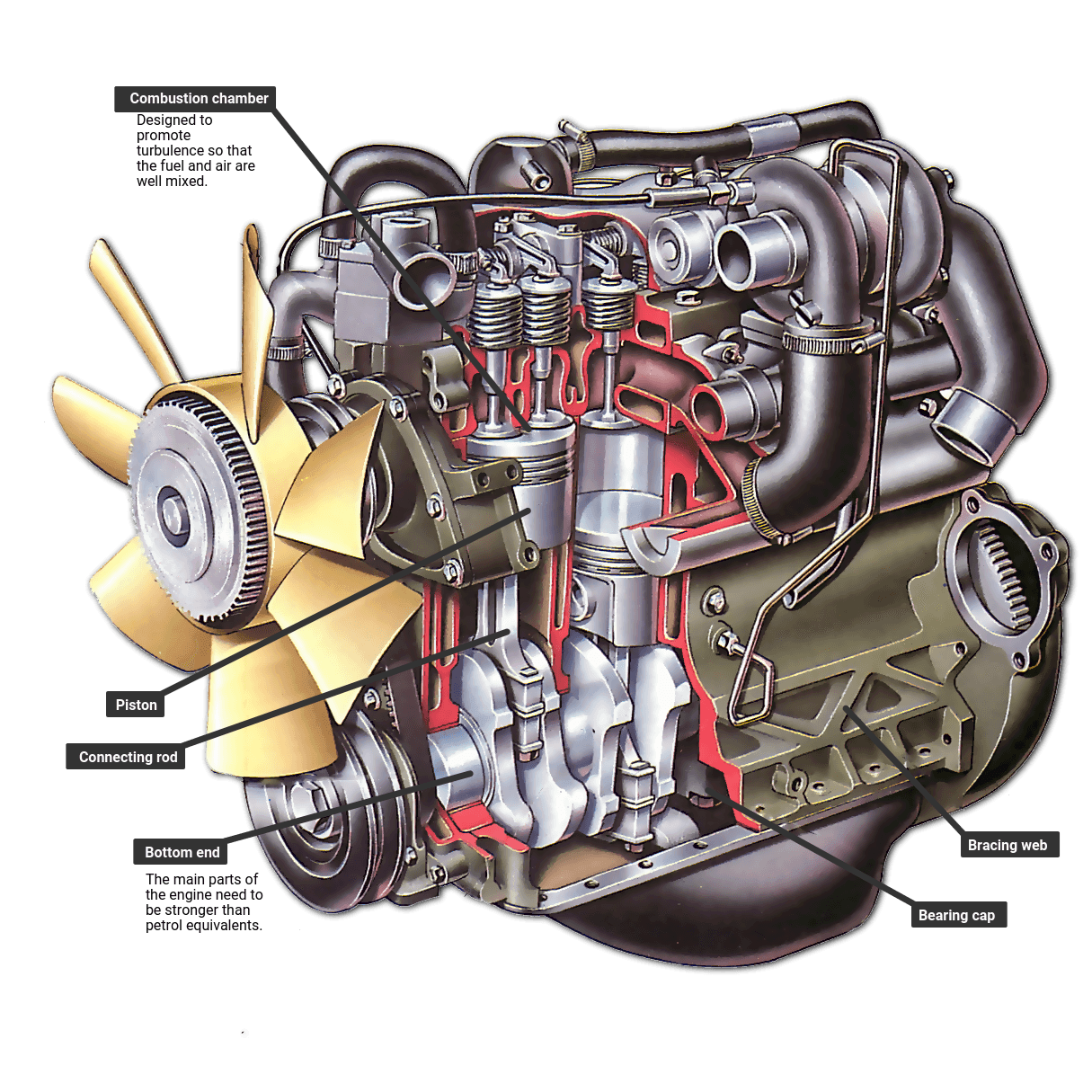Cutaway illustration of a combustion engine showing labeled components including combustion chamber, piston, connecting rod, bottom end, bracing web, and bearing cap.