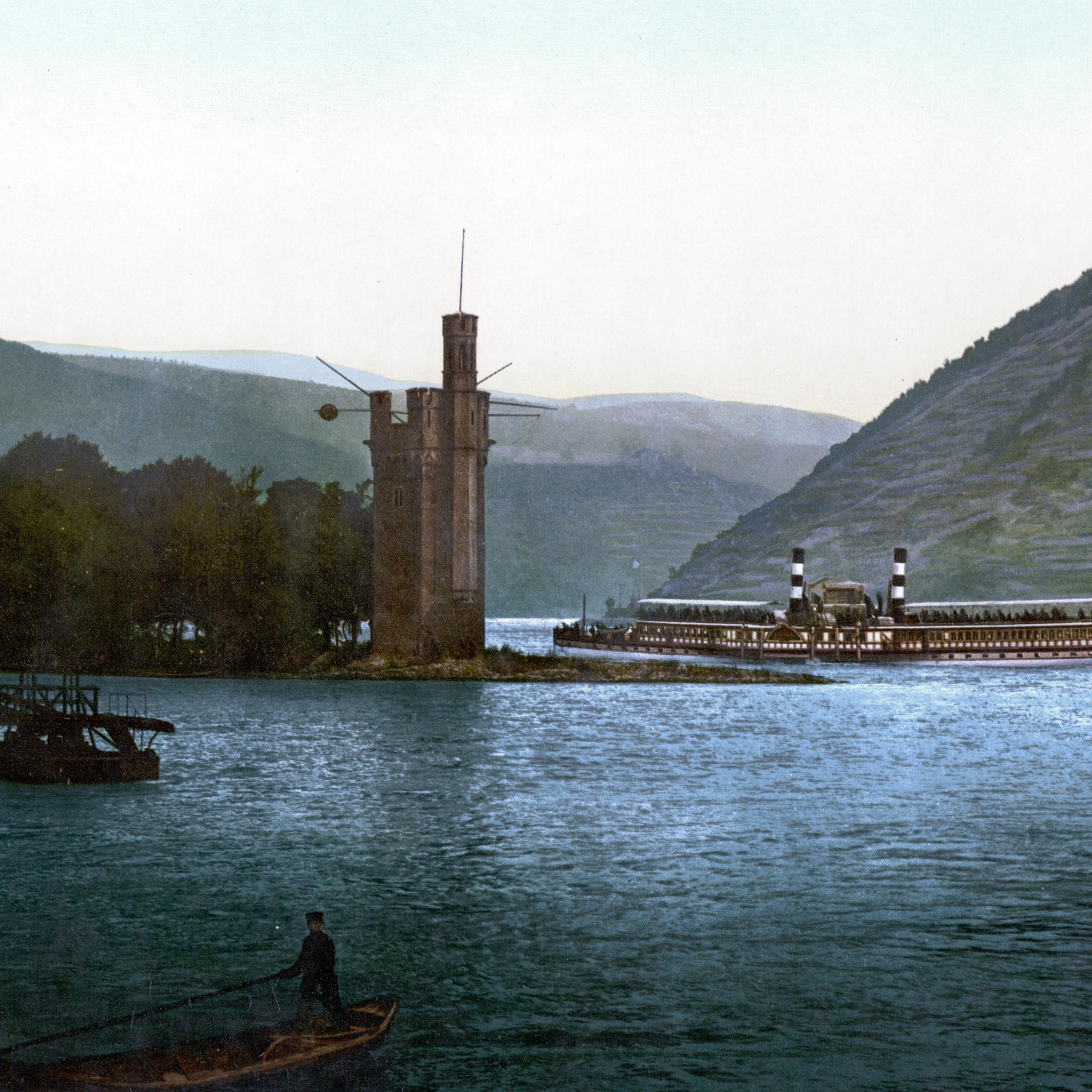 Historic river scene featuring a tower, a small rowboat, and a steamboat navigating the waterway surrounded by hills.